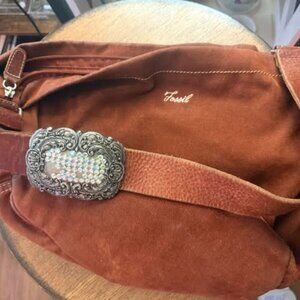 Vintage Fossil Shoulder Bag Womens Brown Canvas Decorative Buckle Single Strap